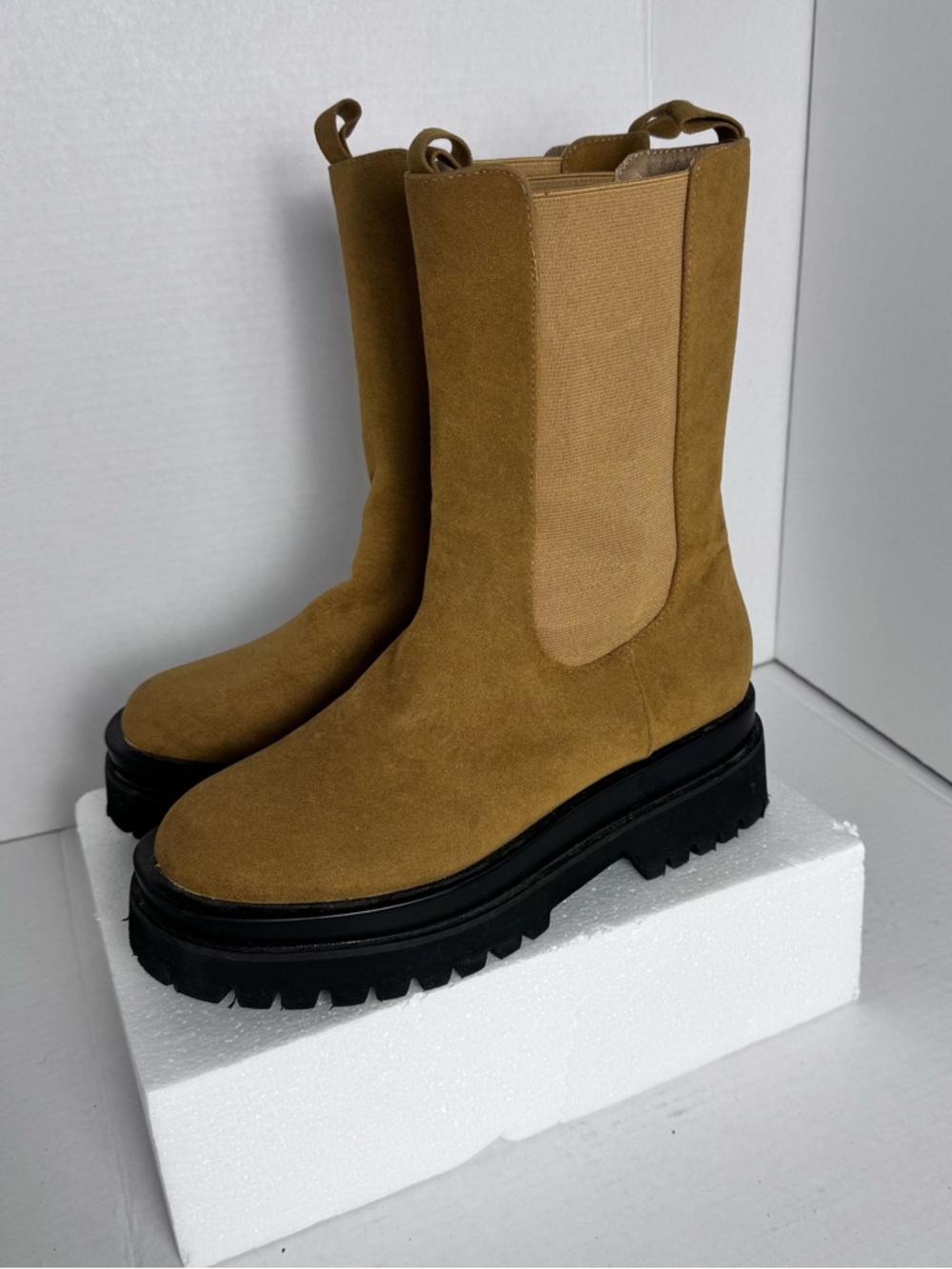 Suede Chelsea Ankle Boots in Camel with Lug Sole